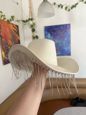 Crystal Fringe White Cowboy Hat - Women Accessories